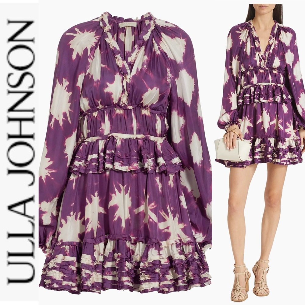Nwt Ulla Johnson Emery Cassis Blur Tiered Silk Mini Dress 2